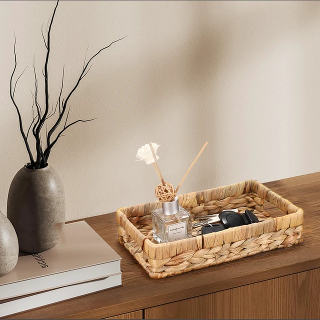 Alt view image 4 of 7 - Small Keys Basket for Entryway Table Decorative Wicker Basket Tray | Woven Organizer Baskets Water Hyacinth Snacks Fruit Serving Trays for Keys Wallet Cell Phone Candy Organizing, 9.8"x6.3"