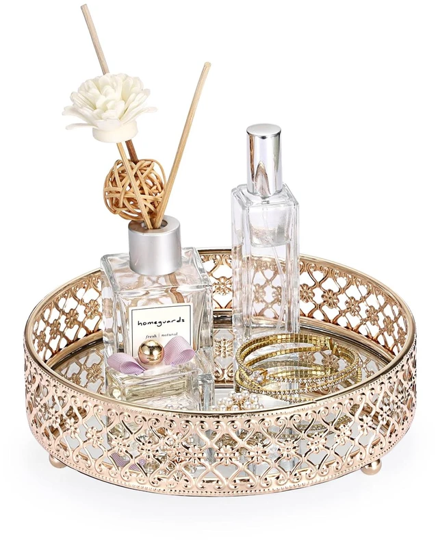 Main image of Gold Mirror Glass Vanity Tray for Bathroom, 7.1 Inch Decorative Tray | Metal Jewelry Storage Candle Holder, Cosmetic Perfume Organizer for Dresser Bedroom Coffee Table Centerpiece Home Decor