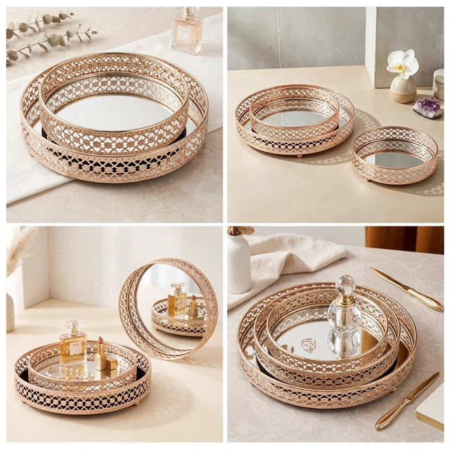 Alt view image 2 of 7 - Gold Mirror Glass Vanity Tray for Bathroom, 7.1 Inch Decorative Tray | Metal Jewelry Storage Candle Holder, Cosmetic Perfume Organizer for Dresser Bedroom Coffee Table Centerpiece Home Decor