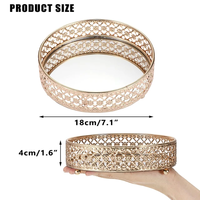Alt view image 3 of 7 - Gold Mirror Glass Vanity Tray for Bathroom, 7.1 Inch Decorative Tray | Metal Jewelry Storage Candle Holder, Cosmetic Perfume Organizer for Dresser Bedroom Coffee Table Centerpiece Home Decor