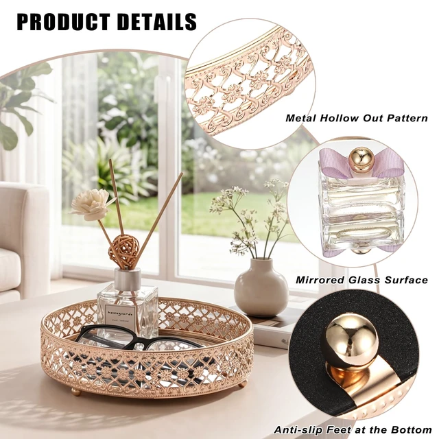 Alt view image 4 of 7 - Gold Mirror Glass Vanity Tray for Bathroom, 7.1 Inch Decorative Tray | Metal Jewelry Storage Candle Holder, Cosmetic Perfume Organizer for Dresser Bedroom Coffee Table Centerpiece Home Decor