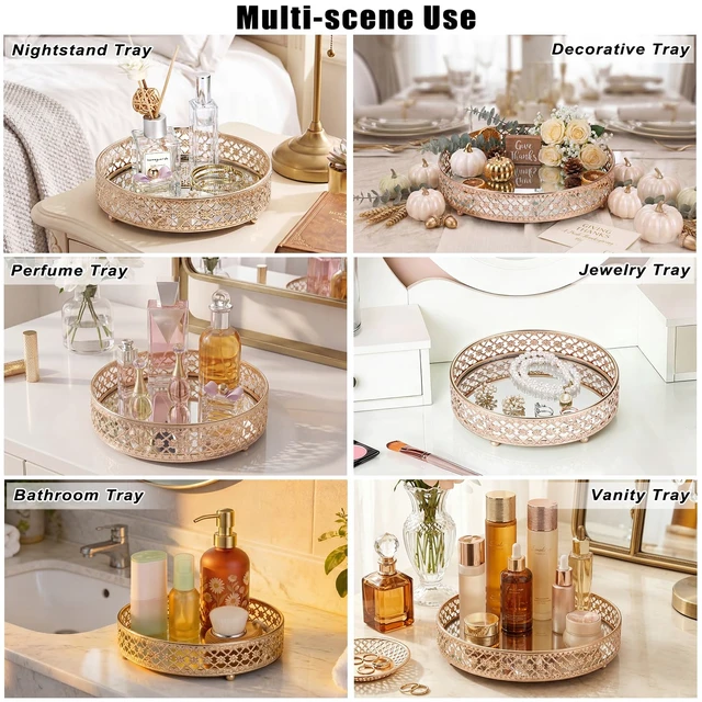 Alt view image 5 of 7 - Gold Mirror Glass Vanity Tray for Bathroom, 7.1 Inch Decorative Tray | Metal Jewelry Storage Candle Holder, Cosmetic Perfume Organizer for Dresser Bedroom Coffee Table Centerpiece Home Decor