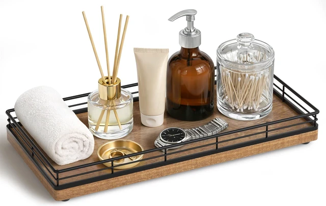 Main image of Bathroom Vanity Tray for Countertop, 12" x 6" Acacia Wood Toilet Tank Tray | Metal Guardrail, Bathroom Organizer for Soap, Perfume & Skincare, Non-Slip Decorative Tray for Dresser, Black & Acacia