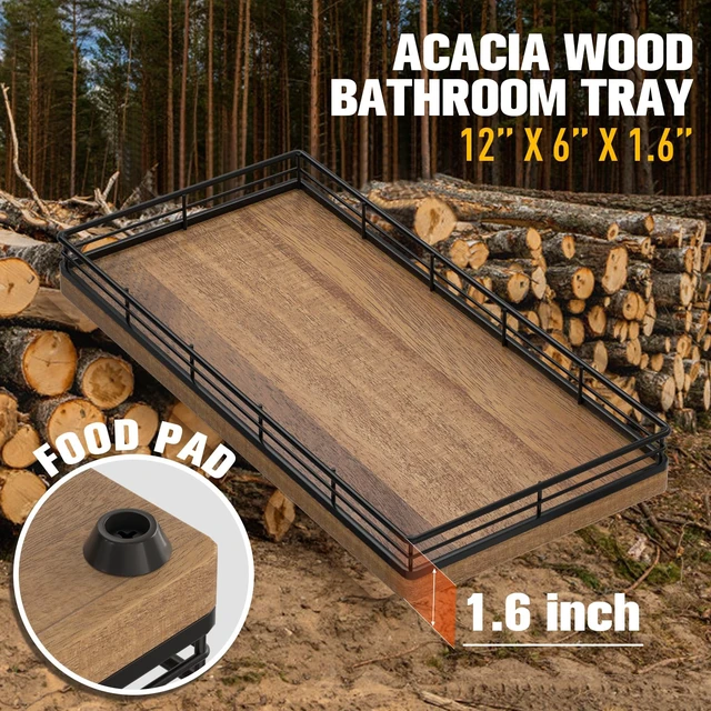 Alt view image 3 of 7 - Bathroom Vanity Tray for Countertop, 12" x 6" Acacia Wood Toilet Tank Tray | Metal Guardrail, Bathroom Organizer for Soap, Perfume & Skincare, Non-Slip Decorative Tray for Dresser, Black & Acacia