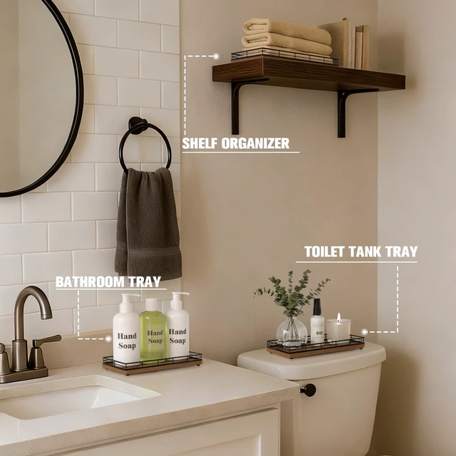Alt view image 4 of 7 - Bathroom Vanity Tray for Countertop, 12" x 6" Acacia Wood Toilet Tank Tray | Metal Guardrail, Bathroom Organizer for Soap, Perfume & Skincare, Non-Slip Decorative Tray for Dresser, Black & Acacia