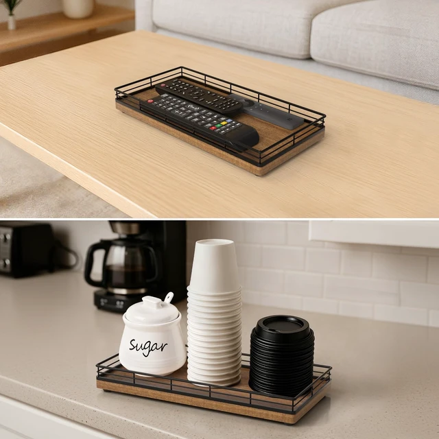 Alt view image 7 of 7 - Bathroom Vanity Tray for Countertop, 12" x 6" Acacia Wood Toilet Tank Tray | Metal Guardrail, Bathroom Organizer for Soap, Perfume & Skincare, Non-Slip Decorative Tray for Dresser, Black & Acacia