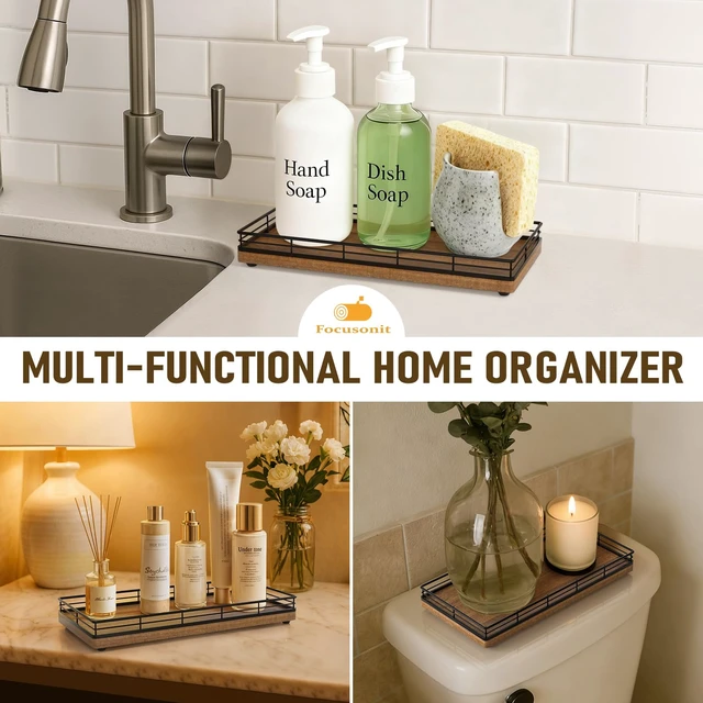 Alt view image 5 of 7 - Bathroom Vanity Tray for Countertop, 12" x 6" Acacia Wood Toilet Tank Tray | Metal Guardrail, Bathroom Organizer for Soap, Perfume & Skincare, Non-Slip Decorative Tray for Dresser, Black & Acacia