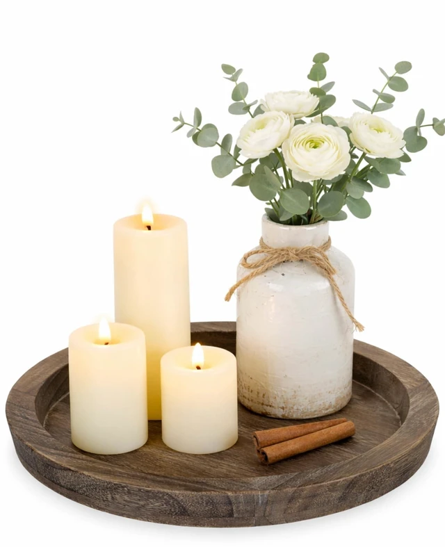 Main image of Round Wooden Candle Holder Trays for Coffee Table, Distressed Finish | 11.2" Rustic Decorative Candlestick Plates for Kitchen Centerpiece, Farmhouse Living Room Fall Decor