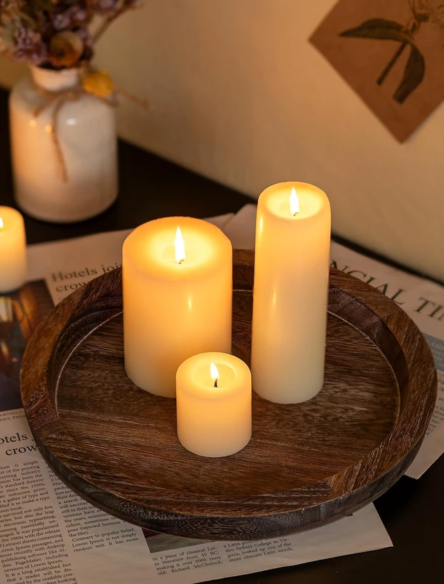 Alt view image 3 of 7 - Round Wooden Candle Holder Trays for Coffee Table, Distressed Finish | 11.2" Rustic Decorative Candlestick Plates for Kitchen Centerpiece, Farmhouse Living Room Fall Decor