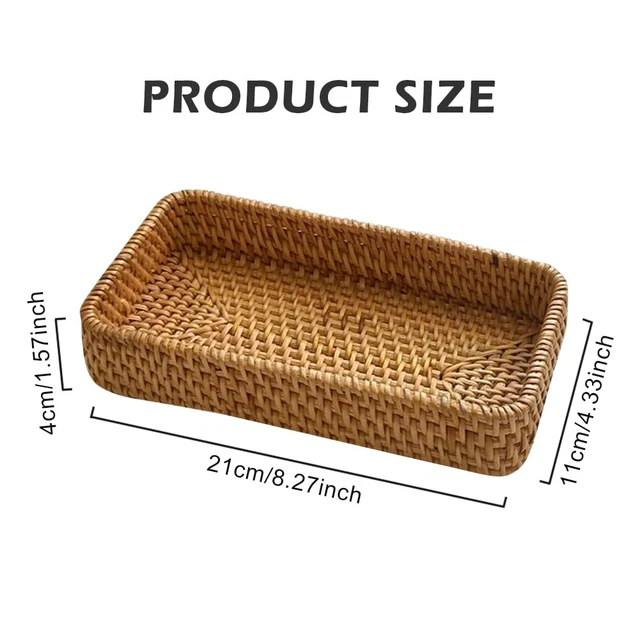 Alt view image 2 of 7 - Small Wicker Tray, Rattan Tray Basket for Remotes, Keys, 8.27x4.33x1.57in | Natural Wicker Decorative Tray, Rectangle Handwoven-Style Rattan Organizer, Fits Vanity, Entryway, Bathroom Or Coffee Table