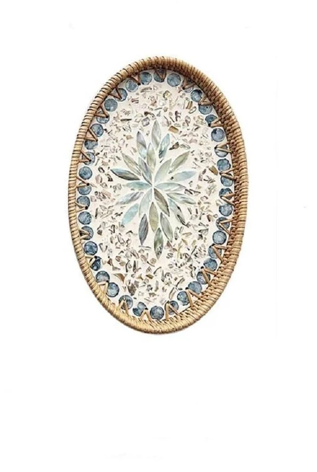 Main image of 13" Decor Tray for Coffee Table Mother of Pearl Inlay Ottoman Serving Tray | Wicker Centerpiece Decorative Tray for Candle Holder, Flower, Fruit, Bread
