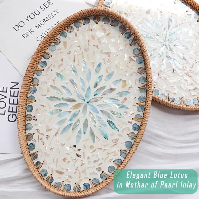 Alt view image 2 of 7 - 13" Decor Tray for Coffee Table Mother of Pearl Inlay Ottoman Serving Tray | Wicker Centerpiece Decorative Tray for Candle Holder, Flower, Fruit, Bread