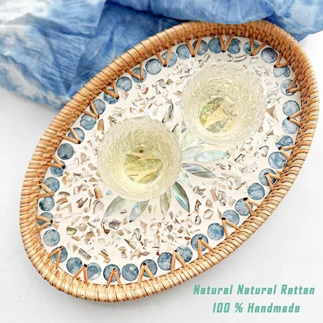Alt view image 3 of 7 - 13" Decor Tray for Coffee Table Mother of Pearl Inlay Ottoman Serving Tray | Wicker Centerpiece Decorative Tray for Candle Holder, Flower, Fruit, Bread