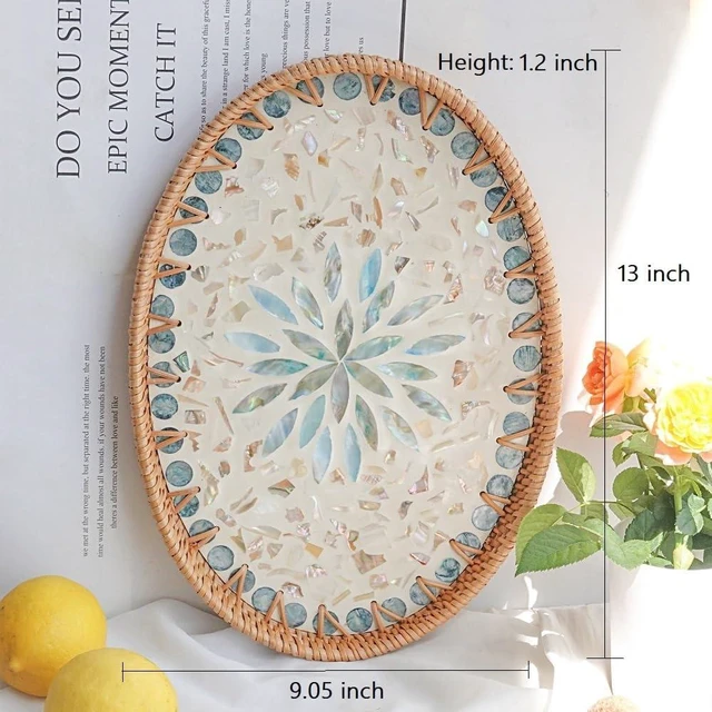 Alt view image 5 of 7 - 13" Decor Tray for Coffee Table Mother of Pearl Inlay Ottoman Serving Tray | Wicker Centerpiece Decorative Tray for Candle Holder, Flower, Fruit, Bread