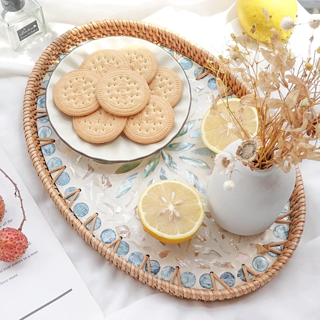 Alt view image 4 of 7 - 13" Decor Tray for Coffee Table Mother of Pearl Inlay Ottoman Serving Tray | Wicker Centerpiece Decorative Tray for Candle Holder, Flower, Fruit, Bread