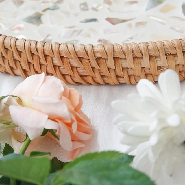 Alt view image 6 of 7 - 13" Decor Tray for Coffee Table Mother of Pearl Inlay Ottoman Serving Tray | Wicker Centerpiece Decorative Tray for Candle Holder, Flower, Fruit, Bread