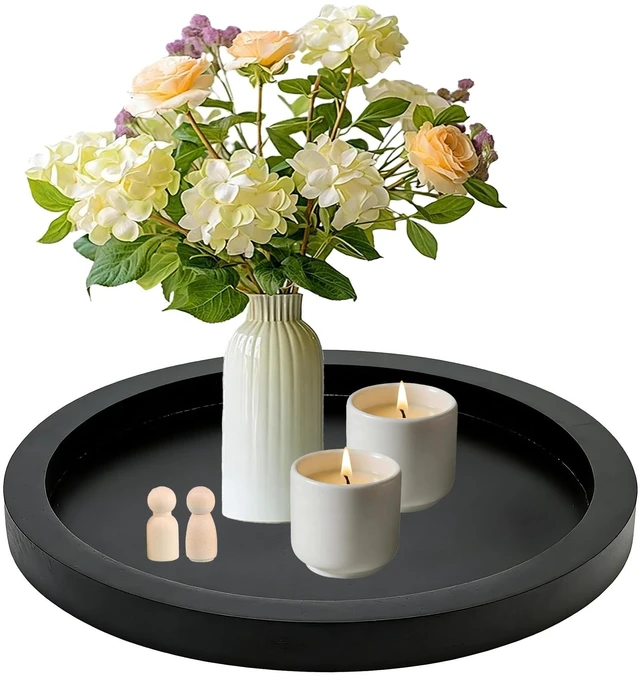 Main image of 11 Inches Round Wooden Tray Decor,Black Decorative Trays | for Home Decor,Round Wood Tray for Coffee Table Candle Holder Vintage Table Farmhouse