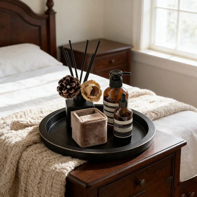 Alt view image 5 of 7 - 11 Inches Round Wooden Tray Decor,Black Decorative Trays | for Home Decor,Round Wood Tray for Coffee Table Candle Holder Vintage Table Farmhouse