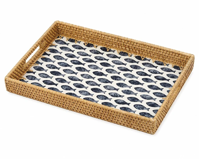 Main image of Rectangular Rattan Serving Tray with Mother of Pearl Inlay, Black Fish | 14.2 x 10.3 x 1.6 Inch Tray, Coffee and Tea Service, Bread and Fruit Display, Decorative Wicker Tray, Built-In Handle