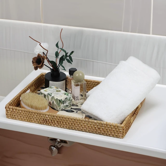 Alt view image 2 of 7 - Rectangular Rattan Serving Tray with Mother of Pearl Inlay, Black Fish | 14.2 x 10.3 x 1.6 Inch Tray, Coffee and Tea Service, Bread and Fruit Display, Decorative Wicker Tray, Built-In Handle
