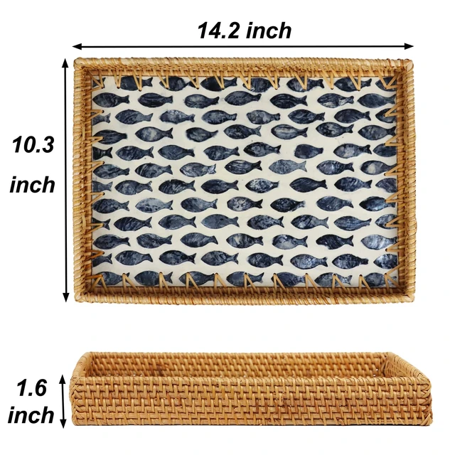 Alt view image 4 of 7 - Rectangular Rattan Serving Tray with Mother of Pearl Inlay, Black Fish | 14.2 x 10.3 x 1.6 Inch Tray, Coffee and Tea Service, Bread and Fruit Display, Decorative Wicker Tray, Built-In Handle