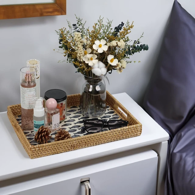 Alt view image 5 of 7 - Rectangular Rattan Serving Tray with Mother of Pearl Inlay, Black Fish | 14.2 x 10.3 x 1.6 Inch Tray, Coffee and Tea Service, Bread and Fruit Display, Decorative Wicker Tray, Built-In Handle