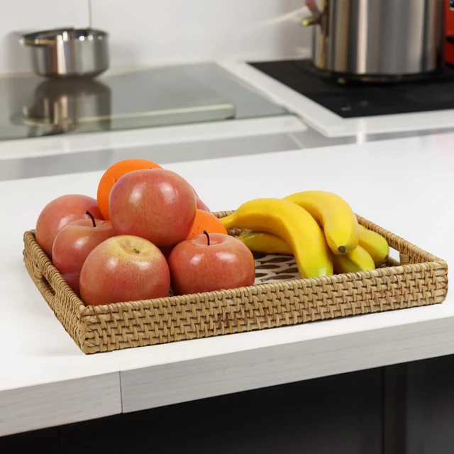 Alt view image 3 of 7 - Rectangular Rattan Serving Tray with Mother of Pearl Inlay, Black Fish | 14.2 x 10.3 x 1.6 Inch Tray, Coffee and Tea Service, Bread and Fruit Display, Decorative Wicker Tray, Built-In Handle