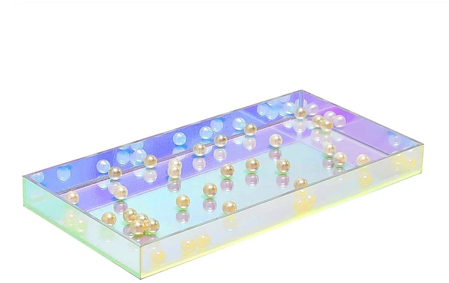 Alt view image 2 of 6 - Iridescent Acrylic Vanity Tray, Small Acrylic Trays Spill Proof | 10x5 Inch Perfume Tray, Decorative Tray for Bathroom Countertop, Wedding Decor, Aromatherapy Storage, Office Desk
