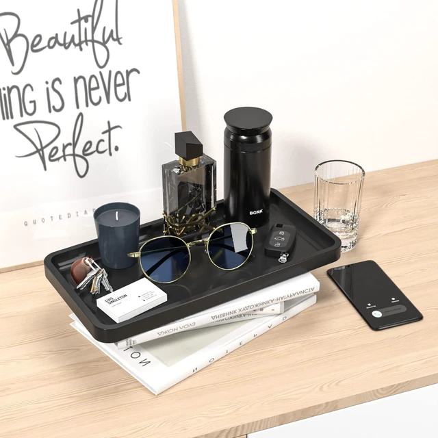 Alt view image 4 of 7 - Bathroom Vanity Tray for Countertop - Bamboo Organizer Tray for Dresser Tops, Toilet, Perfume Small Decorative Tray Wood Tray for Home Decoration 11.81 L x 6.1 W x 0.79 H Black