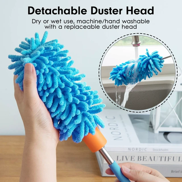 Alt view image 2 of 6 - Duster for Cleaning, 10-29" Extension Pole, 2 Washable Heads, Blue | Microfiber Heads, Wet Or Dry, Detachable, Hand Washable, Easy Storage, For Cars, Offices, Windows, Furniture And Ceiling Fan