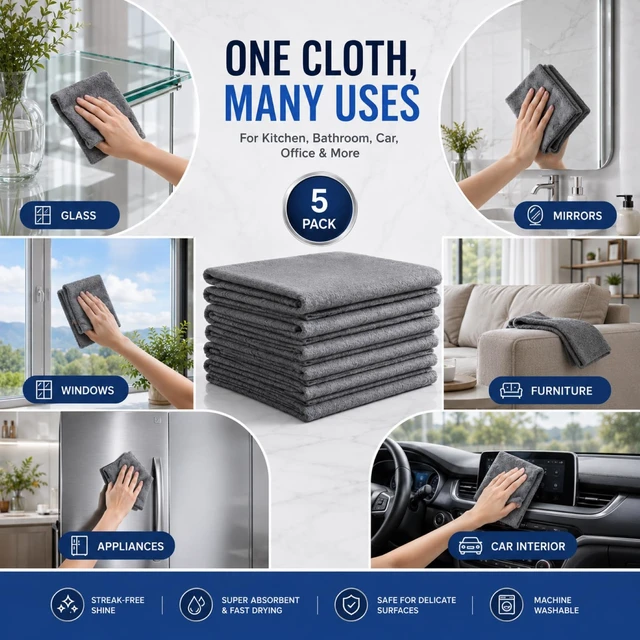 Alt view image 6 of 7 - 5 PCS Magic Cleaning Cloth Thick Microfiber Cleaning Cloths Streak Free Glass Cleaning Cloth for Windows Mirrors Shower Doors Kitchen and Stainless Steel Reusable Lint Free Wipes 15.7 x 11.8 Inch