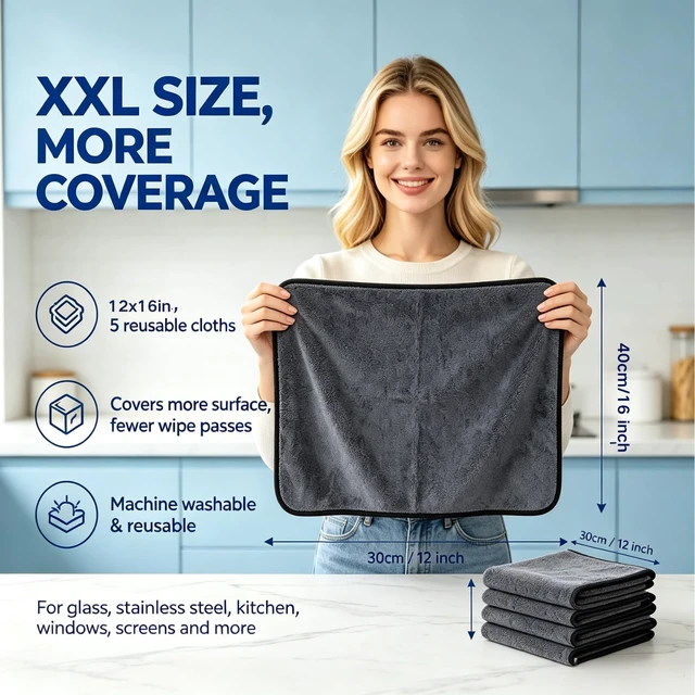 Alt view image 7 of 7 - 5Pcs Thickened Magic Cleaning Cloth,Microfiber Cleaning Rags for Glass & Cars | Lint-Free On Windows and Mirrors.Suitable for Kitchen, Stainless Steel,Glass, and Car Windows.