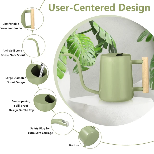Alt view image 6 of 7 - Watering Can Indoor Plants, 35oz Small Indoor Stainless Steel Metal Watering Can Modern Decorative Watering Pot with Long Spout for Indoor House Plant Bonsai Garden Flowers (Sage Green)