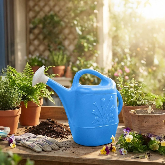 Alt view image 6 of 7 - Products 63066 2 Gallon Indoor/Outdoor Watering Can, Caribbean Blue | Plastic Construction with Tulip Design for Gardens, Potted Plants, Patio Pots and Flowers