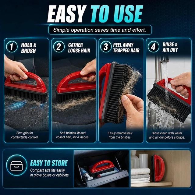 Alt view image 5 of 6 - Car Carpet Lint & Hair Removal Brush, Universal Pet Hair Cleaning Brush with Ergonomic Handle, Reusable Soft Auto Interior Debris Remover for Car Home (Red)