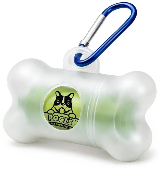 Main image of Dog Poop Bag Holder & Dispenser for Leash, 15 Unscented Bags | Metal carabiner and hook-and-loop strap for your leash. Screw-top cap for easy refills
