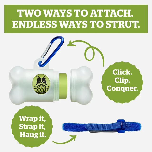 Alt view image 3 of 7 - Dog Poop Bag Holder & Dispenser for Leash, 15 Unscented Bags | Metal carabiner and hook-and-loop strap for your leash. Screw-top cap for easy refills