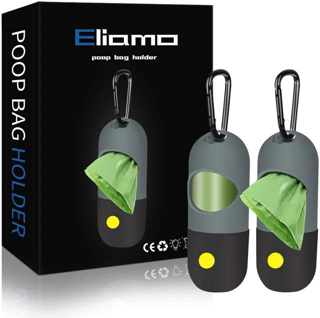 Main image of 2 Pack Dog Poop Bag Dispenser with Built-in LED Flashlight, Pet Waste Bag Holder for Leash with Carabiner Clip for Lead Leash, 2 Rolls Leak-proof Doggy Waste Bags for Dog Walking, Grey