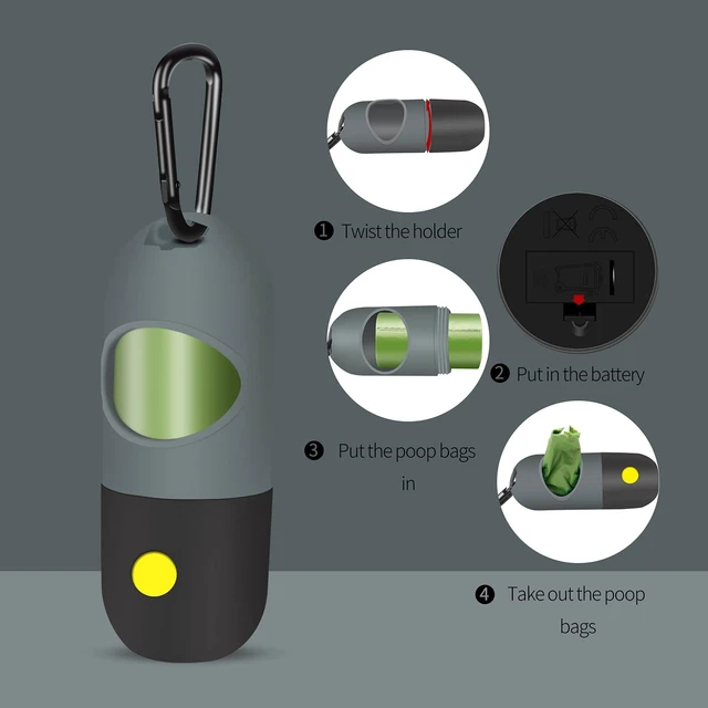 Alt view image 4 of 7 - 2 Pack Dog Poop Bag Dispenser with Built-in LED Flashlight, Pet Waste Bag Holder for Leash with Carabiner Clip for Lead Leash, 2 Rolls Leak-proof Doggy Waste Bags for Dog Walking, Grey