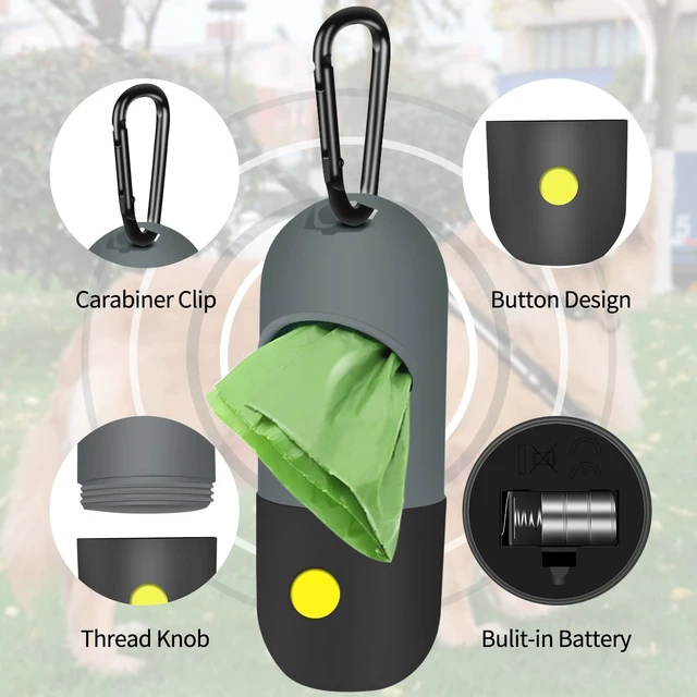 Alt view image 3 of 7 - 2 Pack Dog Poop Bag Dispenser with Built-in LED Flashlight, Pet Waste Bag Holder for Leash with Carabiner Clip for Lead Leash, 2 Rolls Leak-proof Doggy Waste Bags for Dog Walking, Grey