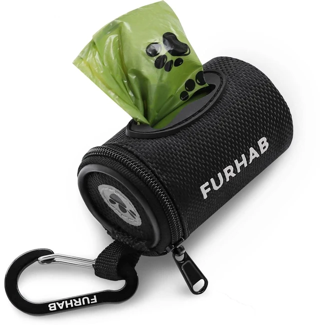 Main image of Dog Poop Bag Holder for Leash with Carabiner Clip Soft Fabric | Small Doggie Waste Bag Dispenser Pet Doggy Bag Carrier 1680D Nylon Oxford Puppy Potty Zipper Pouch with 1 Roll, Black