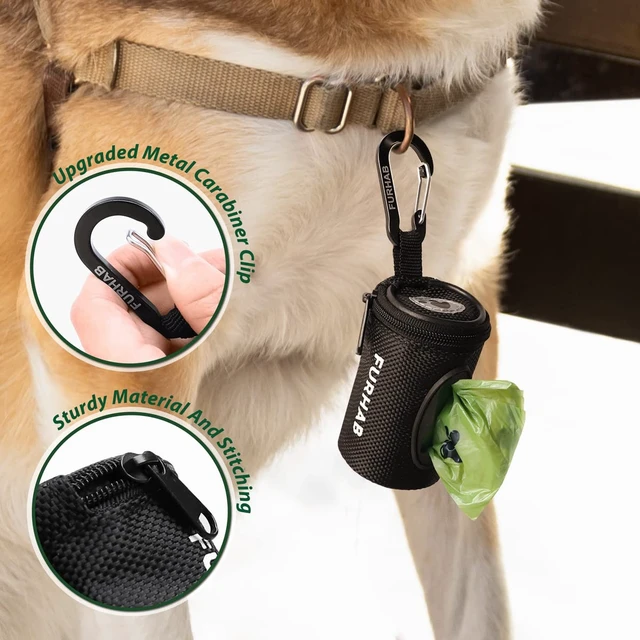 Alt view image 2 of 6 - Dog Poop Bag Holder for Leash with Carabiner Clip Soft Fabric | Small Doggie Waste Bag Dispenser Pet Doggy Bag Carrier 1680D Nylon Oxford Puppy Potty Zipper Pouch with 1 Roll, Black