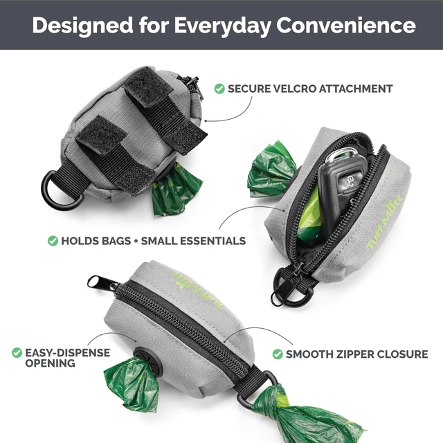 Alt view image 5 of 7 - Dog Poop Bag Holder for Leashes with Velcro Attachment | Zippered Bag Dispenser, No-Swing Fit, Roomy for Backup Roll & Extras, D-Ring for Keys, Durable Fabric