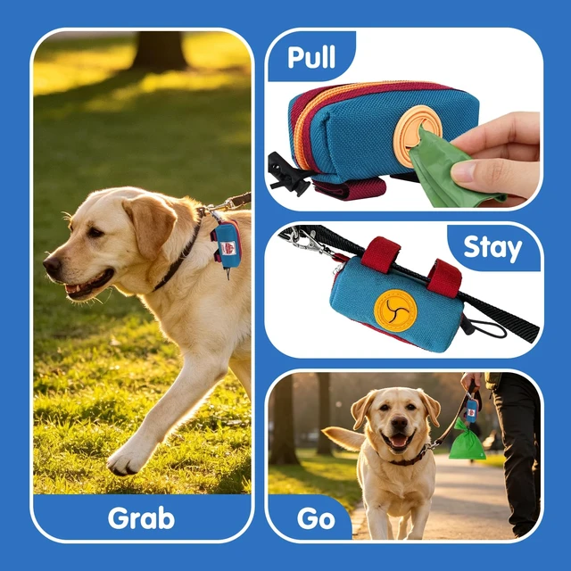 Alt view image 3 of 7 - Dog Poop Bag Holder for Leash, Large-Capacity Canvas Pouch, Blue | Holds one bag roll, keys, treats, and small essentials with quick access, secure straps, and water-resistant canvas