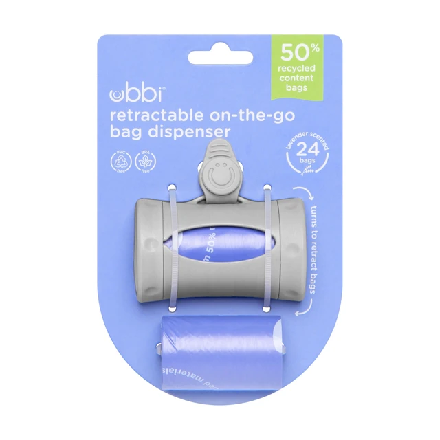 Alt view image 7 of 7 - Retractable Bag Dispenser for Diaper Bag, Gray | Portable Bag Holder for Travel, Clips to Stroller or Diaper Bag, Newborn Baby Essentials, Includes 24 Lavender Scented Bags