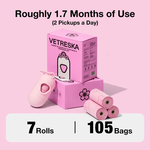 Alt view image 7 of 7 - Dog Poop Bag Dispenser with 105 Cherry Blossom Scented Bags | Leak Proof and Extra Thick Pet Waste Bags, 1 Poop Bag Holder and 7 Rolls for Dog Walking and Cats Litter