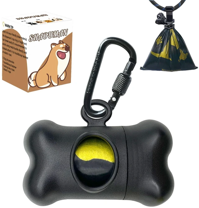 Main image of Bone-Shaped Dog Poop Bag Holder for Leash |Dispenser with 15 Leak-Resistant Waste Bags & Carabiner ClipBlack