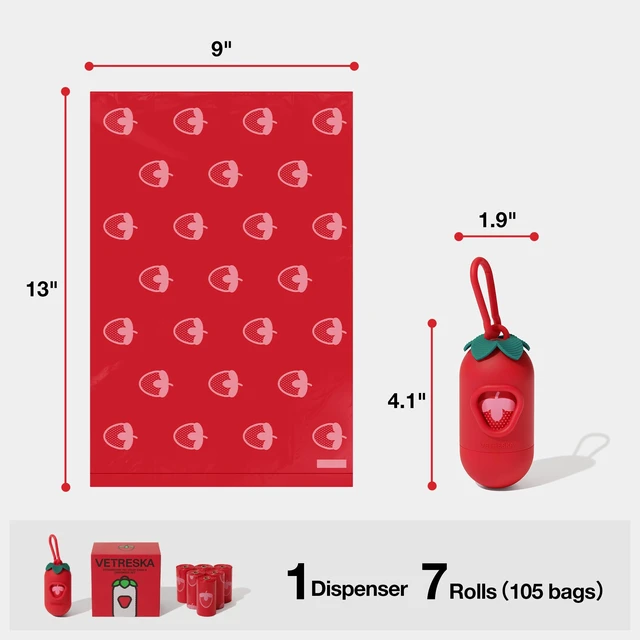 Alt view image 6 of 7 - Dog Poop Bag Dispenser with Strawberry Scented Bags, 105 Counts | Leak Proof and Extra Thick Pet Waste Bags, 1 Poop Bag Holder and 7 Rolls for Dog Walking and Cats Litter