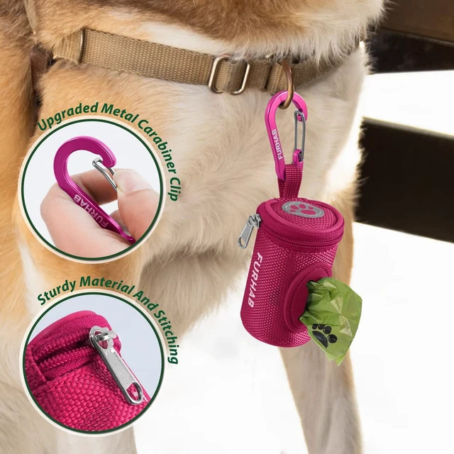 Alt view image 2 of 6 - Dog Poop Bag Holder for Leash with Carabiner Clip Soft Fabric | Small Doggie Waste Bag Dispenser Pet Doggy Bag Carrier 1680D Nylon Oxford Puppy Potty Zipper Pouch with 1 Roll, Rose Red