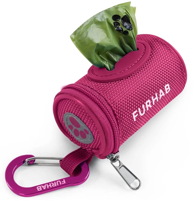 Main image of Dog Poop Bag Holder for Leash with Carabiner Clip Soft Fabric | Small Doggie Waste Bag Dispenser Pet Doggy Bag Carrier 1680D Nylon Oxford Puppy Potty Zipper Pouch with 1 Roll, Rose Red
